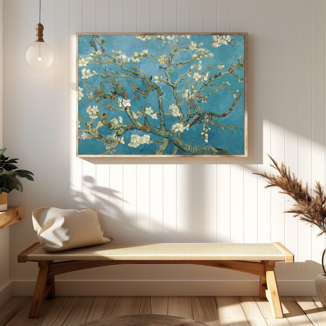 This captivating artwork captures the serene beauty of a blossoming almond tree against a vibrant for Hallway