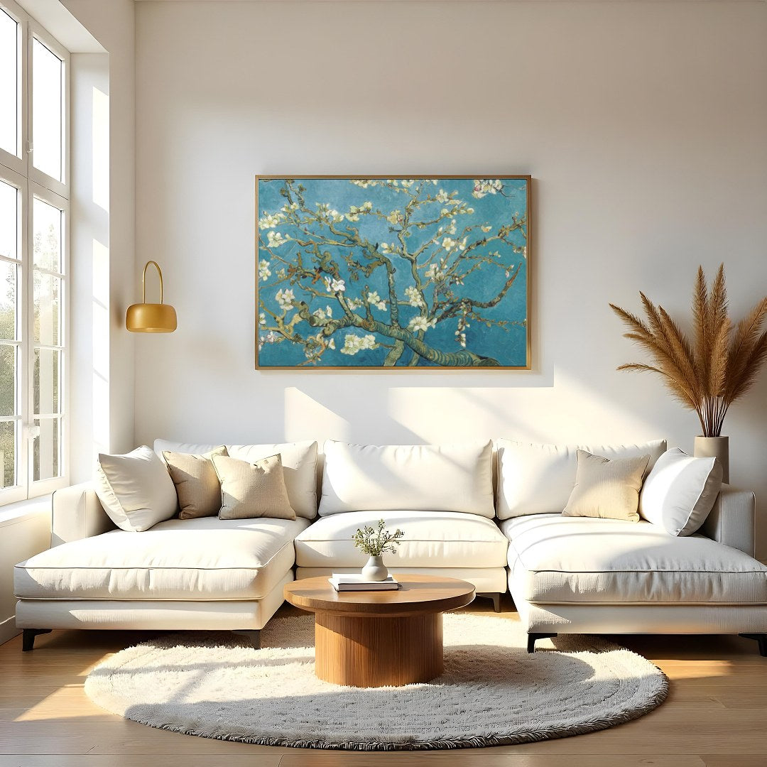 This captivating artwork captures the serene beauty of a blossoming almond tree against a vibrant for Living Room