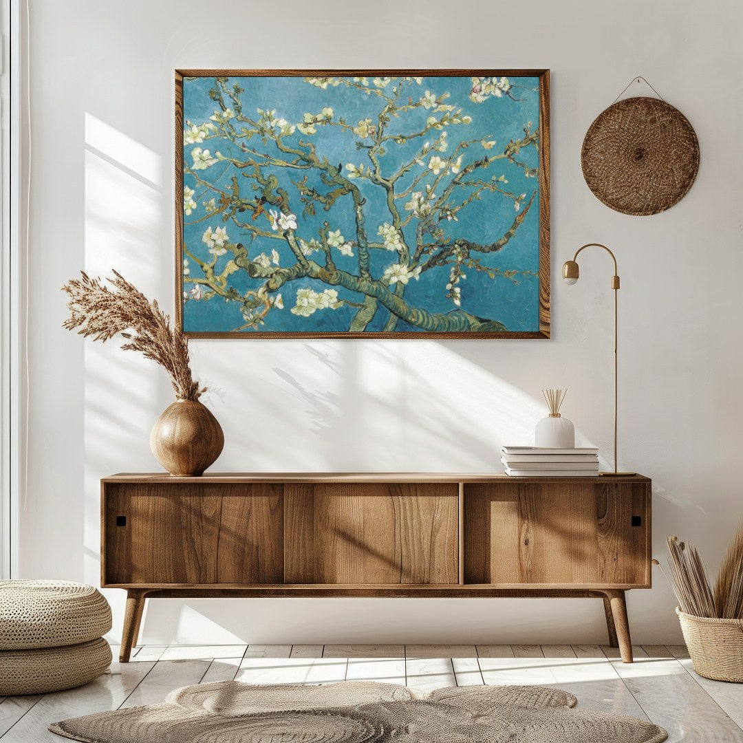 This captivating artwork captures the serene beauty of a blossoming almond tree against a vibrant for Sitting Area