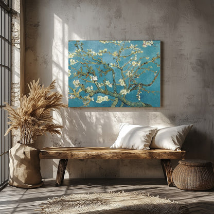 This captivating artwork captures the serene beauty of a blossoming almond tree against a vibrant for Veranda