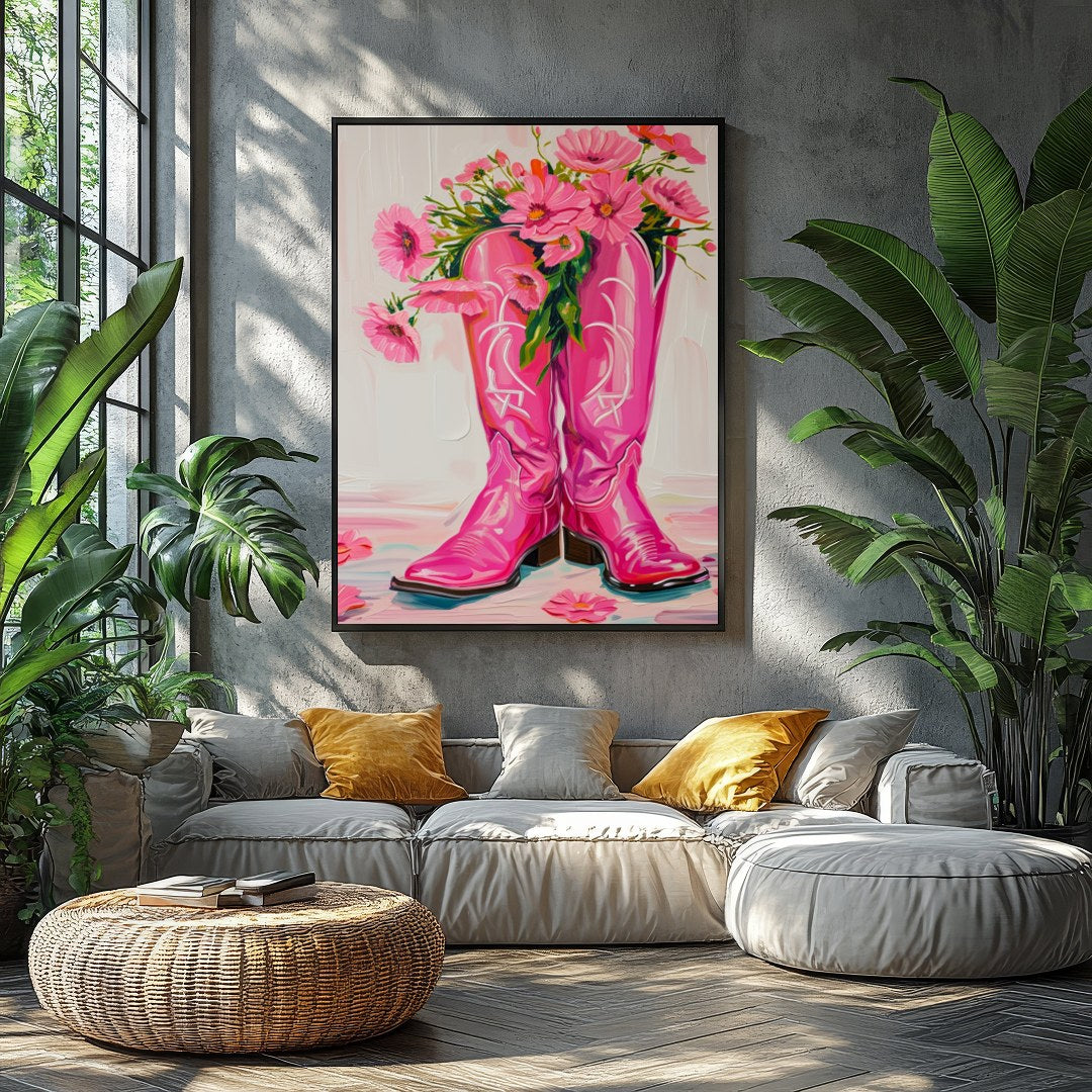 Brighten up your space with this vibrant artwork featuring a pair of bold, pink cowboy boots for Balcony