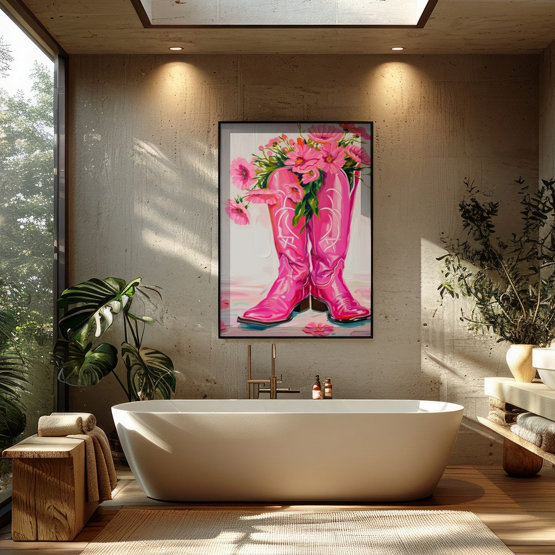 Brighten up your space with this vibrant artwork featuring a pair of bold, pink cowboy boots for Bathroom