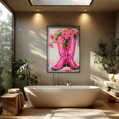 Brighten up your space with this vibrant artwork featuring a pair of bold, pink cowboy boots for Bathroom