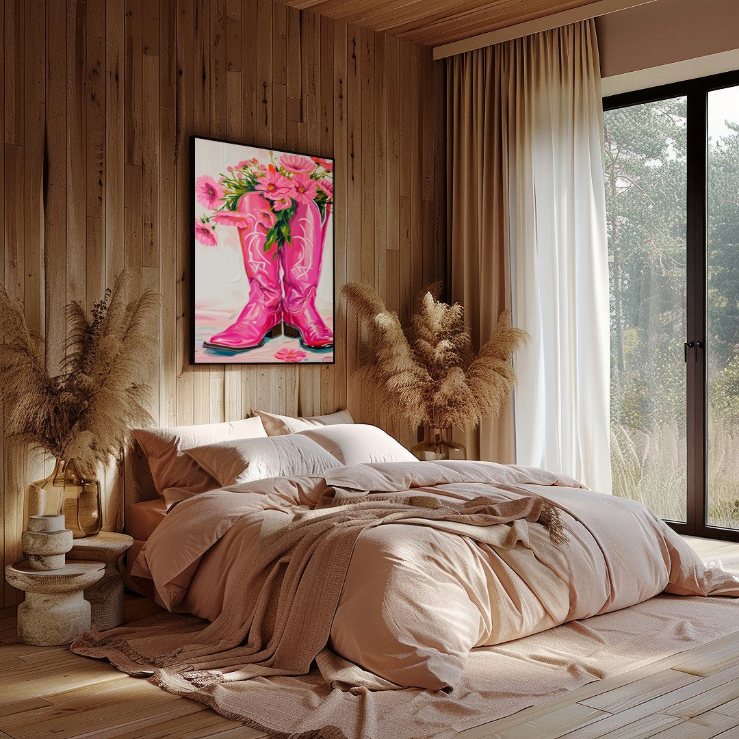 Brighten up your space with this vibrant artwork featuring a pair of bold, pink cowboy boots for Bedroom