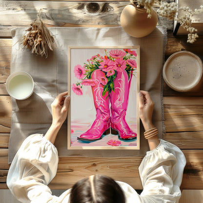 Brighten up your space with this vibrant artwork featuring a pair of bold, pink cowboy boots for decor