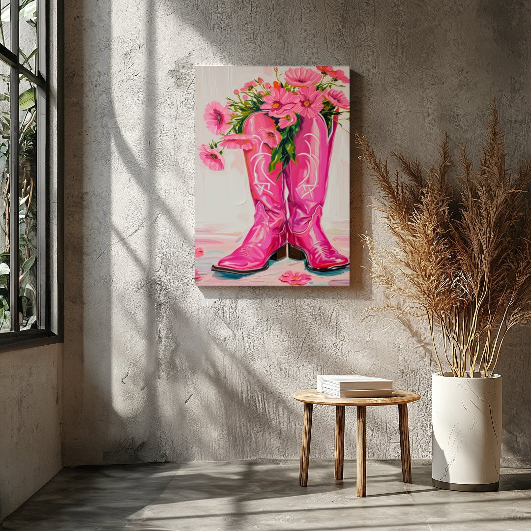 Brighten up your space with this vibrant artwork featuring a pair of bold, pink cowboy boots for Entrance