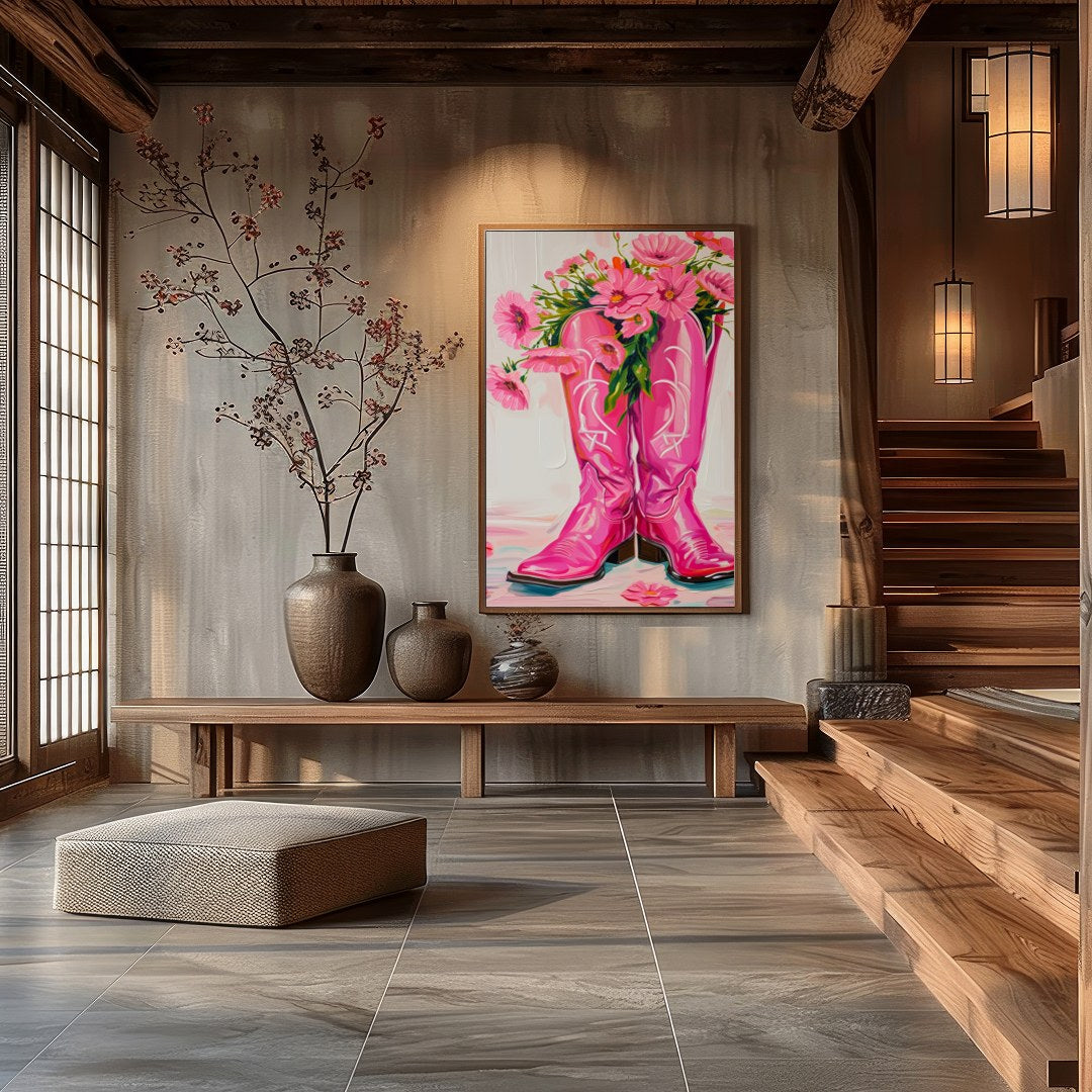 Brighten up your space with this vibrant artwork featuring a pair of bold, pink cowboy boots for Hall