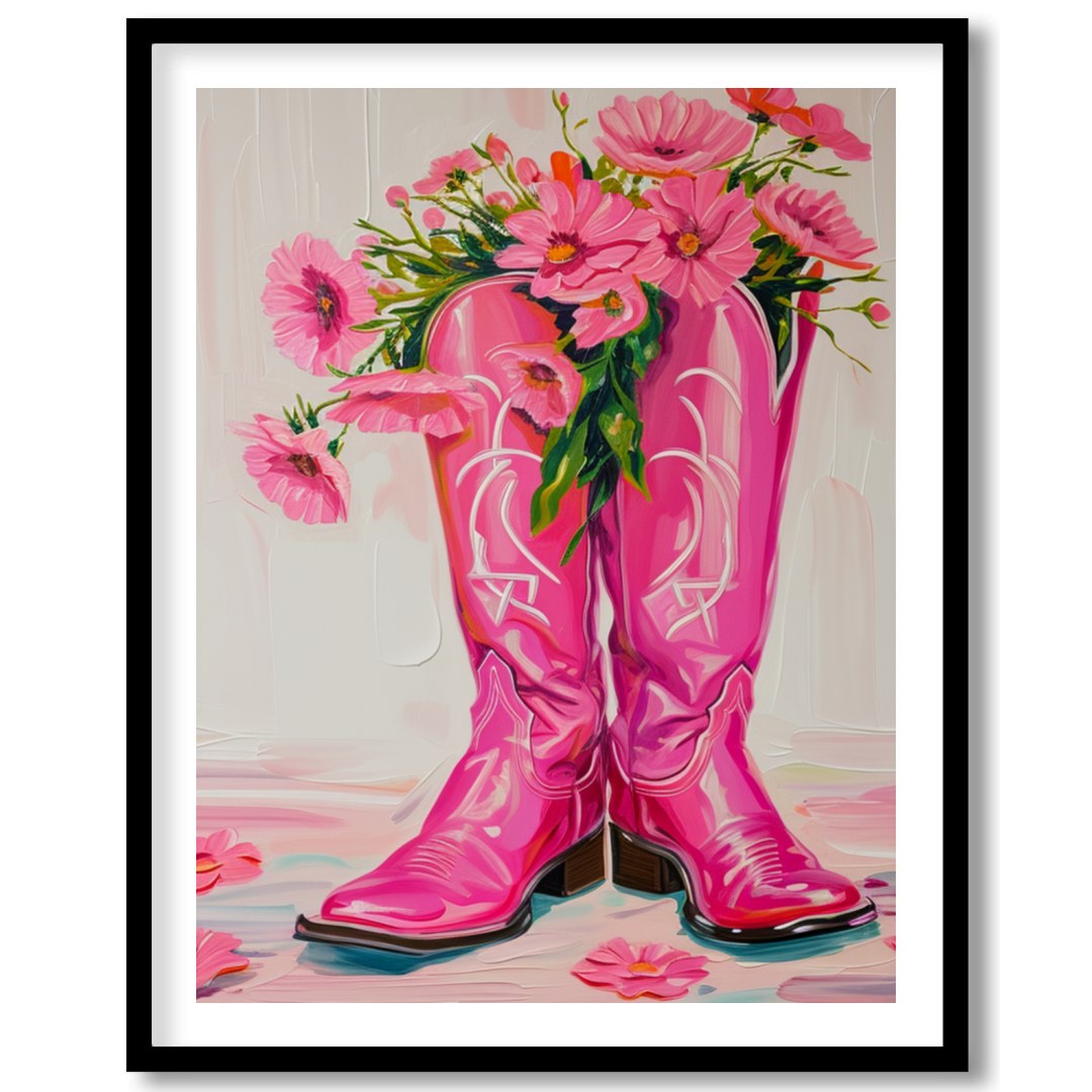 Brighten up your space with this vibrant artwork featuring a pair of bold, pink cowboy boots for interior