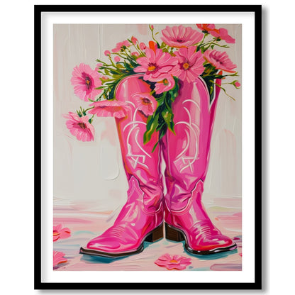 Brighten up your space with this vibrant artwork featuring a pair of bold, pink cowboy boots for interior