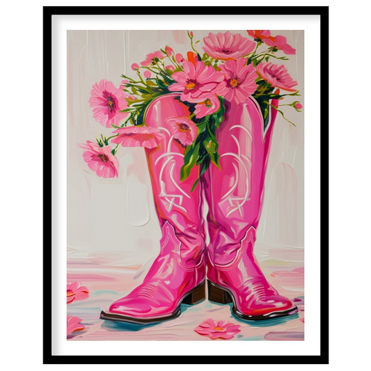 Brighten up your space with this vibrant artwork featuring a pair of bold, pink cowboy boots for interior