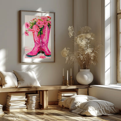 Brighten up your space with this vibrant artwork featuring a pair of bold, pink cowboy boots for kitchen