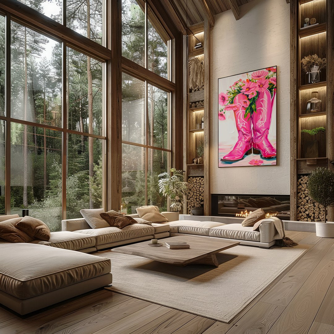 Brighten up your space with this vibrant artwork featuring a pair of bold, pink cowboy boots for Living Room