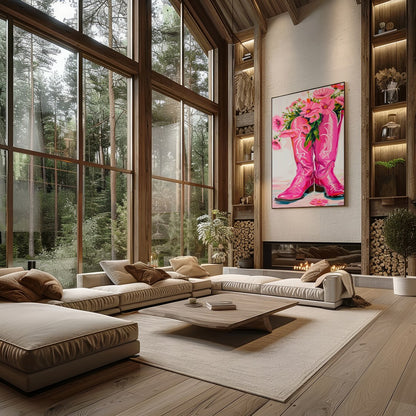 Brighten up your space with this vibrant artwork featuring a pair of bold, pink cowboy boots for Living Room