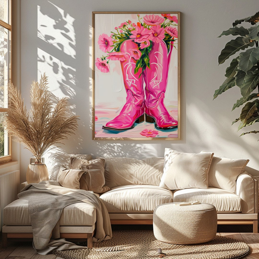 Brighten up your space with this vibrant artwork featuring a pair of bold, pink cowboy boots for Sitting Area