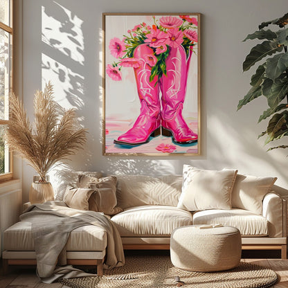 Brighten up your space with this vibrant artwork featuring a pair of bold, pink cowboy boots for Sitting Area