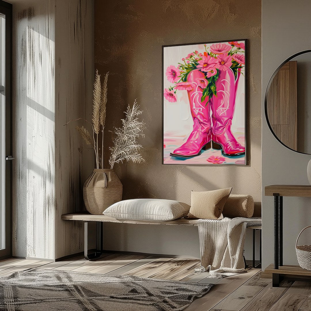 Brighten up your space with this vibrant artwork featuring a pair of bold, pink cowboy boots for studio