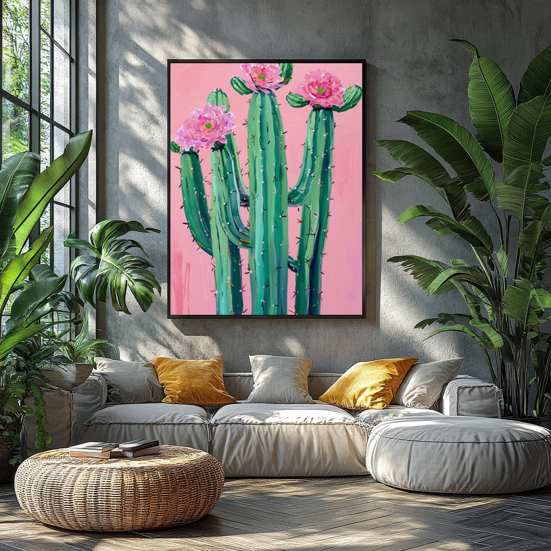 This vibrant artwork captures the striking beauty of desert flora against a soft blush background. for Balcony