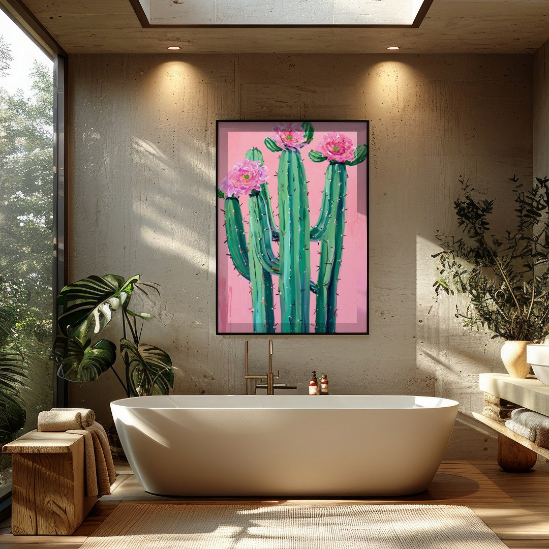 This vibrant artwork captures the striking beauty of desert flora against a soft blush background. for Bathroom