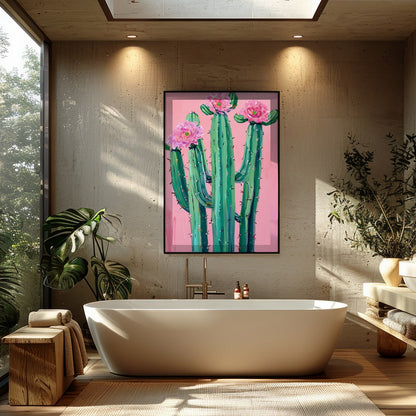 This vibrant artwork captures the striking beauty of desert flora against a soft blush background. for Bathroom