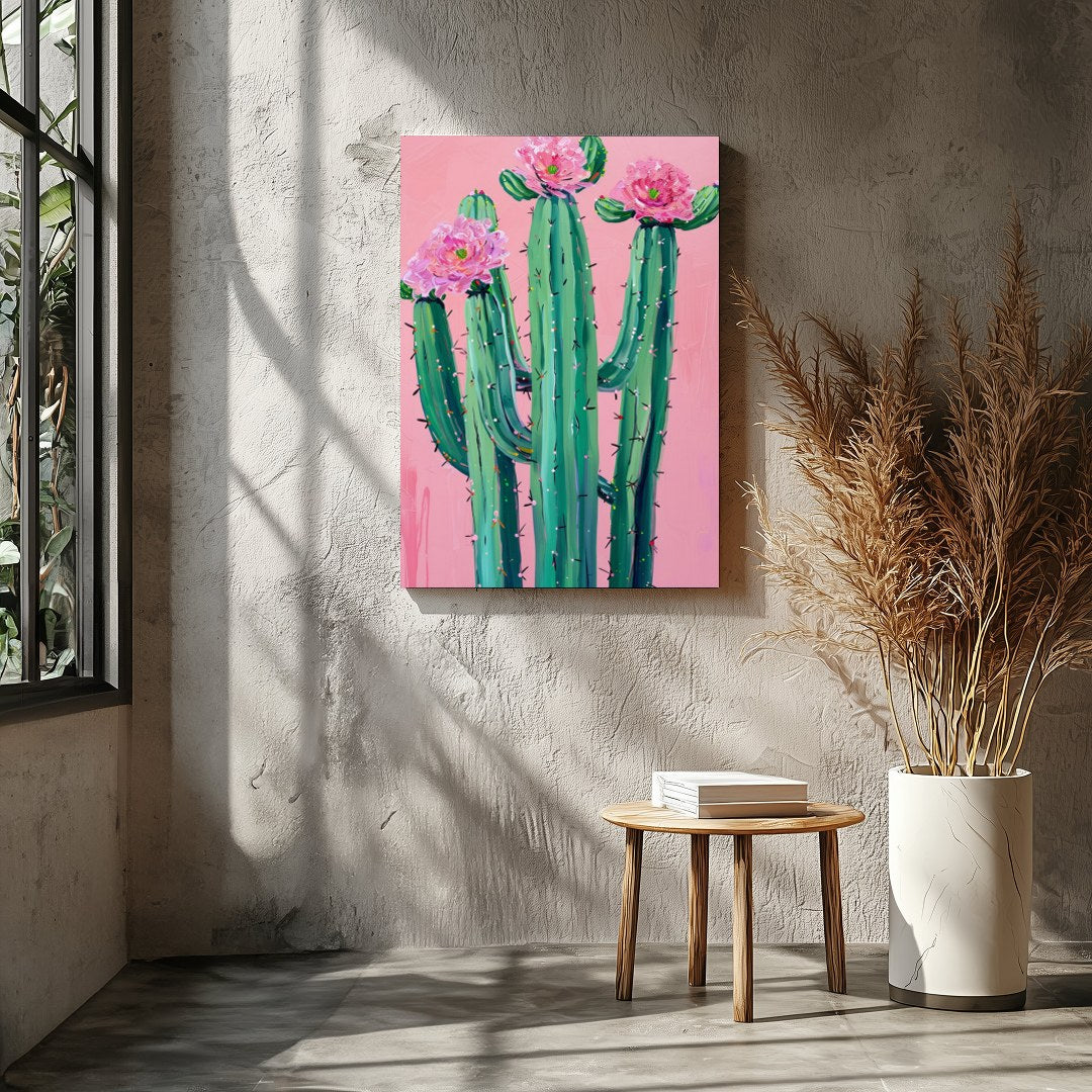 This vibrant artwork captures the striking beauty of desert flora against a soft blush background. for Entrance