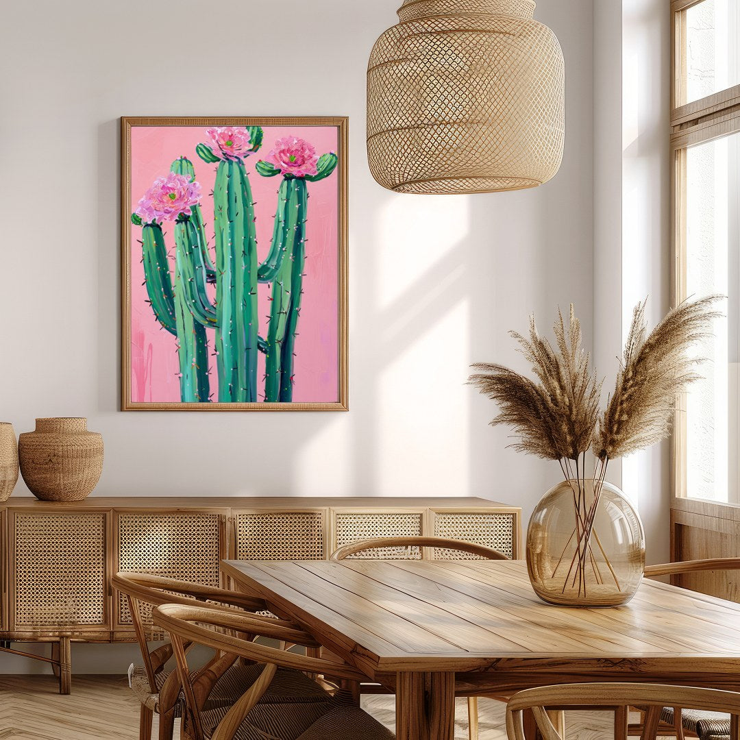 This vibrant artwork captures the striking beauty of desert flora against a soft blush background. for Extra Kitchen