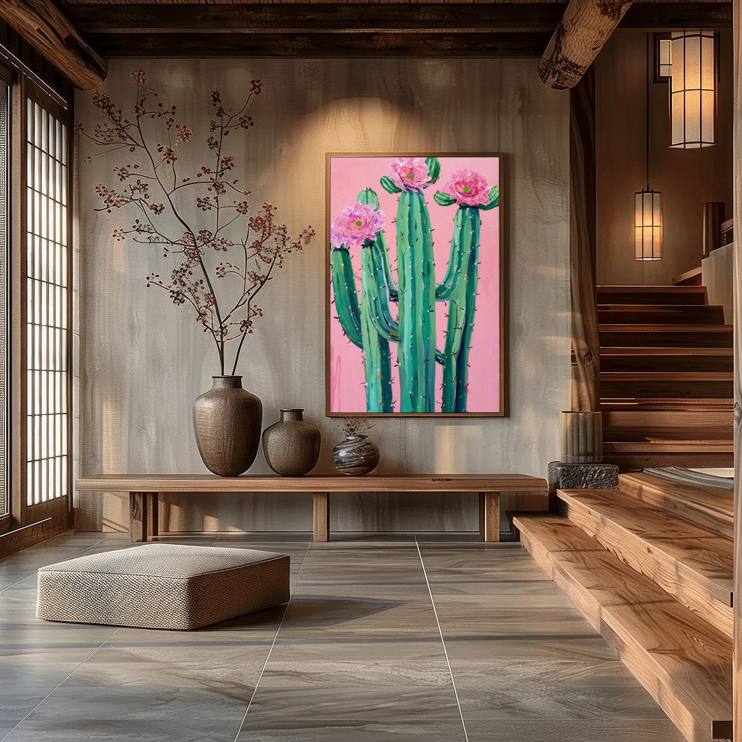This vibrant artwork captures the striking beauty of desert flora against a soft blush background. for Hall