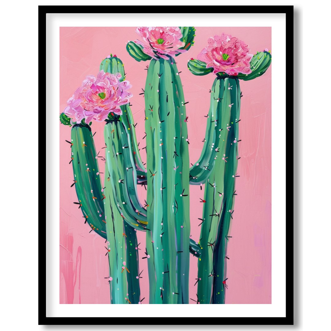 This vibrant artwork captures the striking beauty of desert flora against a soft blush background. for haven