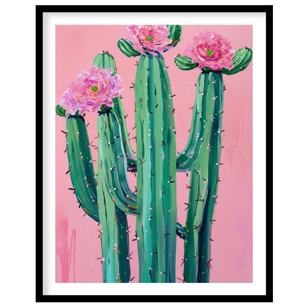 This vibrant artwork captures the striking beauty of desert flora against a soft blush background. for haven