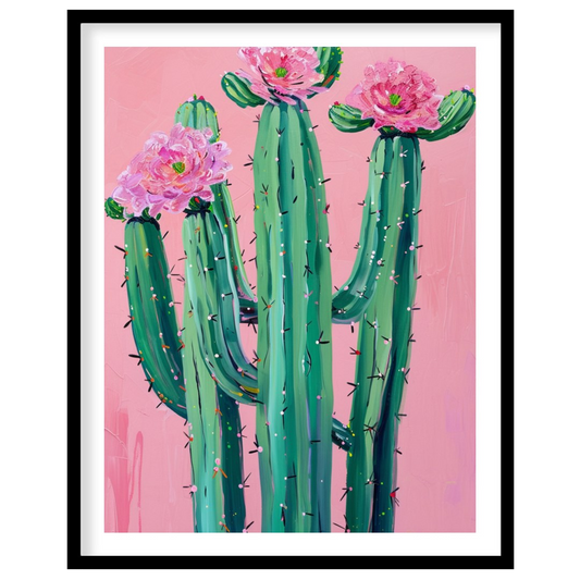This vibrant artwork captures the striking beauty of desert flora against a soft blush background. for haven