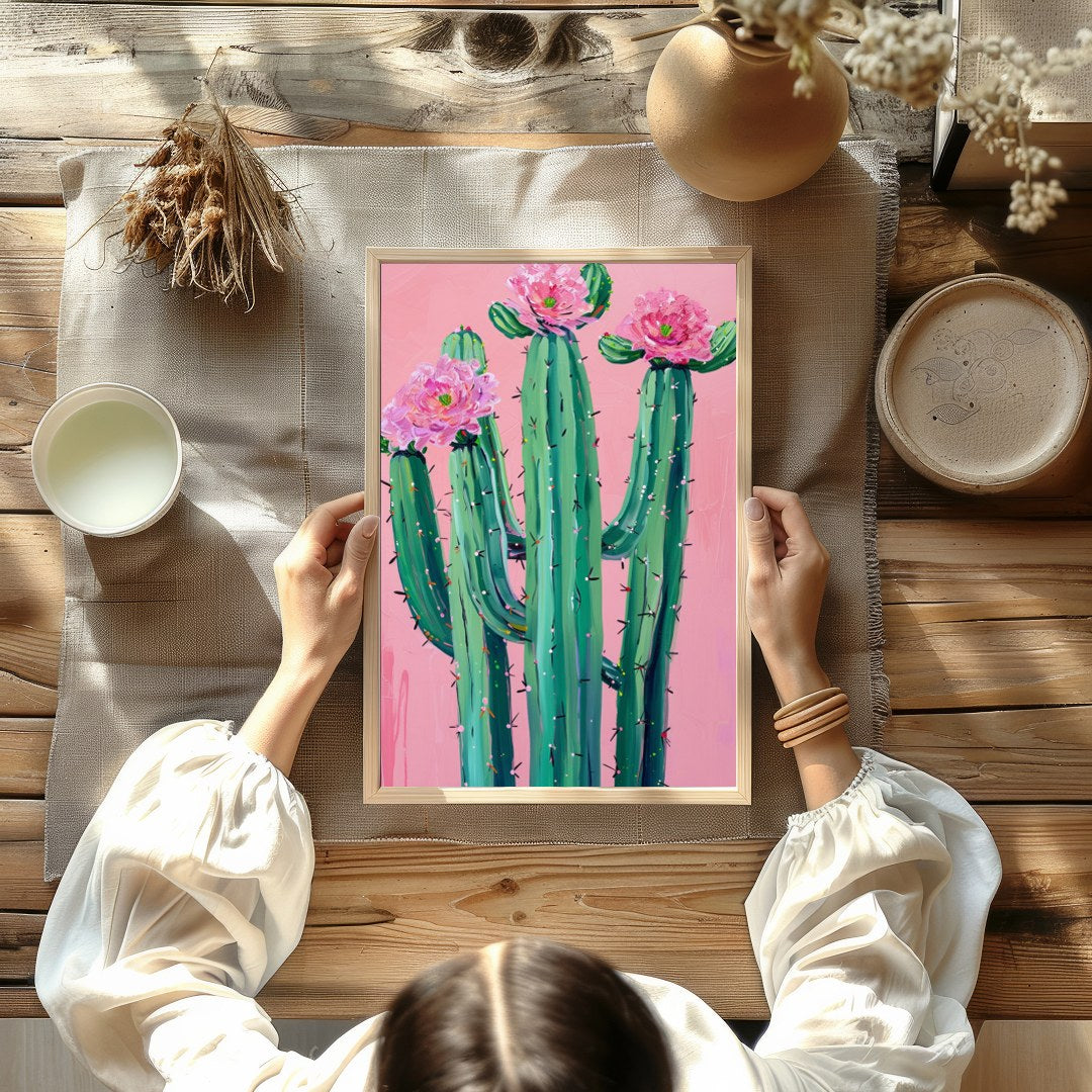 This vibrant artwork captures the striking beauty of desert flora against a soft blush background. for Kitchen