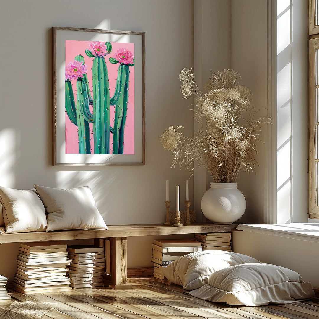 This vibrant artwork captures the striking beauty of desert flora against a soft blush background. for sanctuary