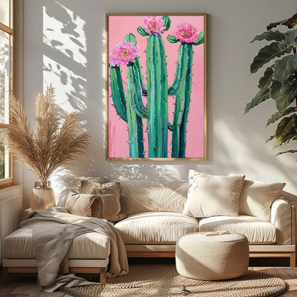 This vibrant artwork captures the striking beauty of desert flora against a soft blush background. for Sitting Area