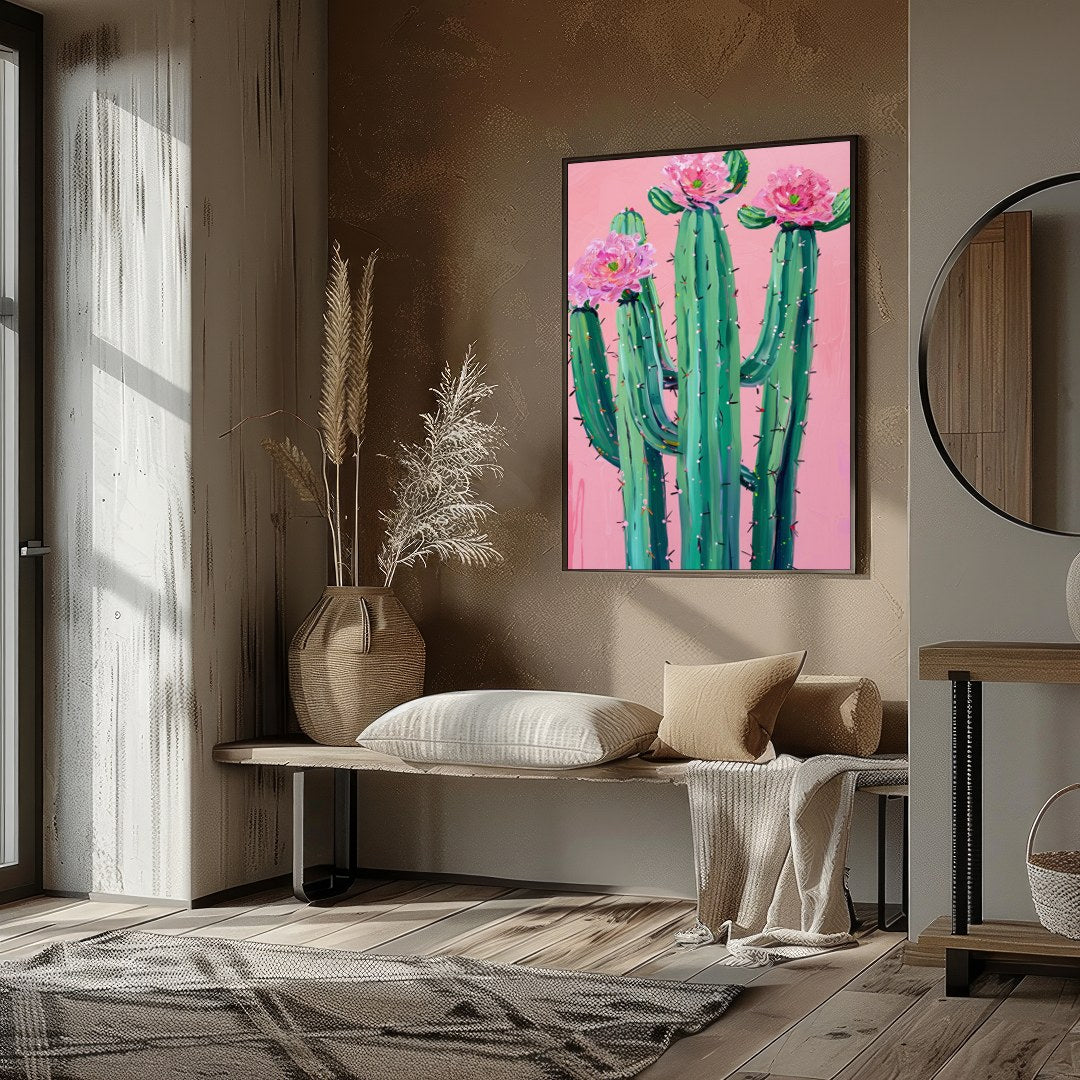 This vibrant artwork captures the striking beauty of desert flora against a soft blush background. for space
