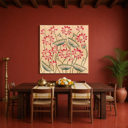 Immerse yourself in the serene beauty of 'Blossoming Lotus Reverie,' a captivating Pichwai artwork for Dining