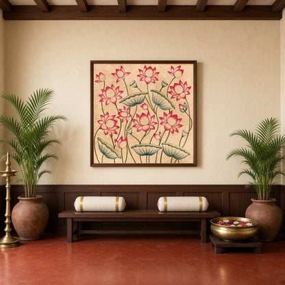Immerse yourself in the serene beauty of 'Blossoming Lotus Reverie,' a captivating Pichwai artwork for Hallway