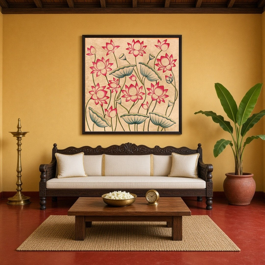 Immerse yourself in the serene beauty of 'Blossoming Lotus Reverie,' a captivating Pichwai artwork for Living Room