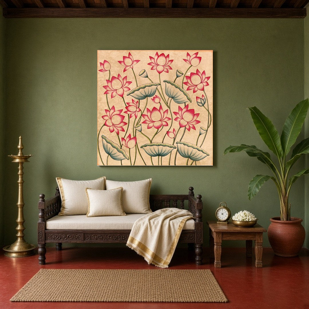 Immerse yourself in the serene beauty of 'Blossoming Lotus Reverie,' a captivating Pichwai artwork for Sitting Area