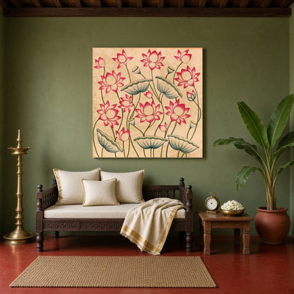 Immerse yourself in the serene beauty of 'Blossoming Lotus Reverie,' a captivating Pichwai artwork for Sitting Area