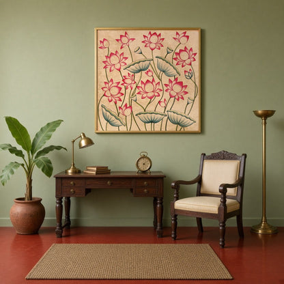 Immerse yourself in the serene beauty of 'Blossoming Lotus Reverie,' a captivating Pichwai artwork for Study