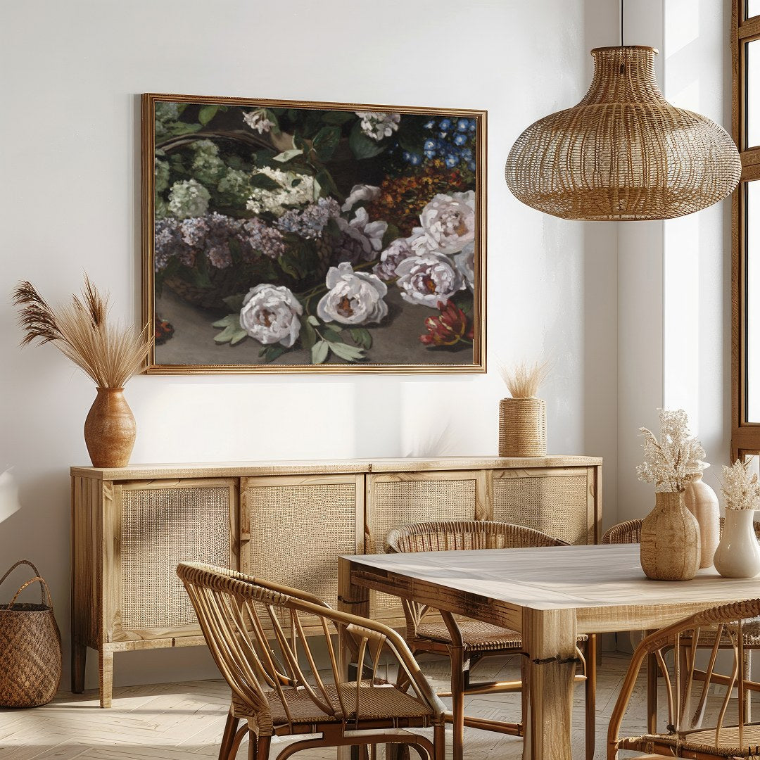 Immerse yourself in the timeless beauty of classic floral arrangements captured in this exquisite for Dining