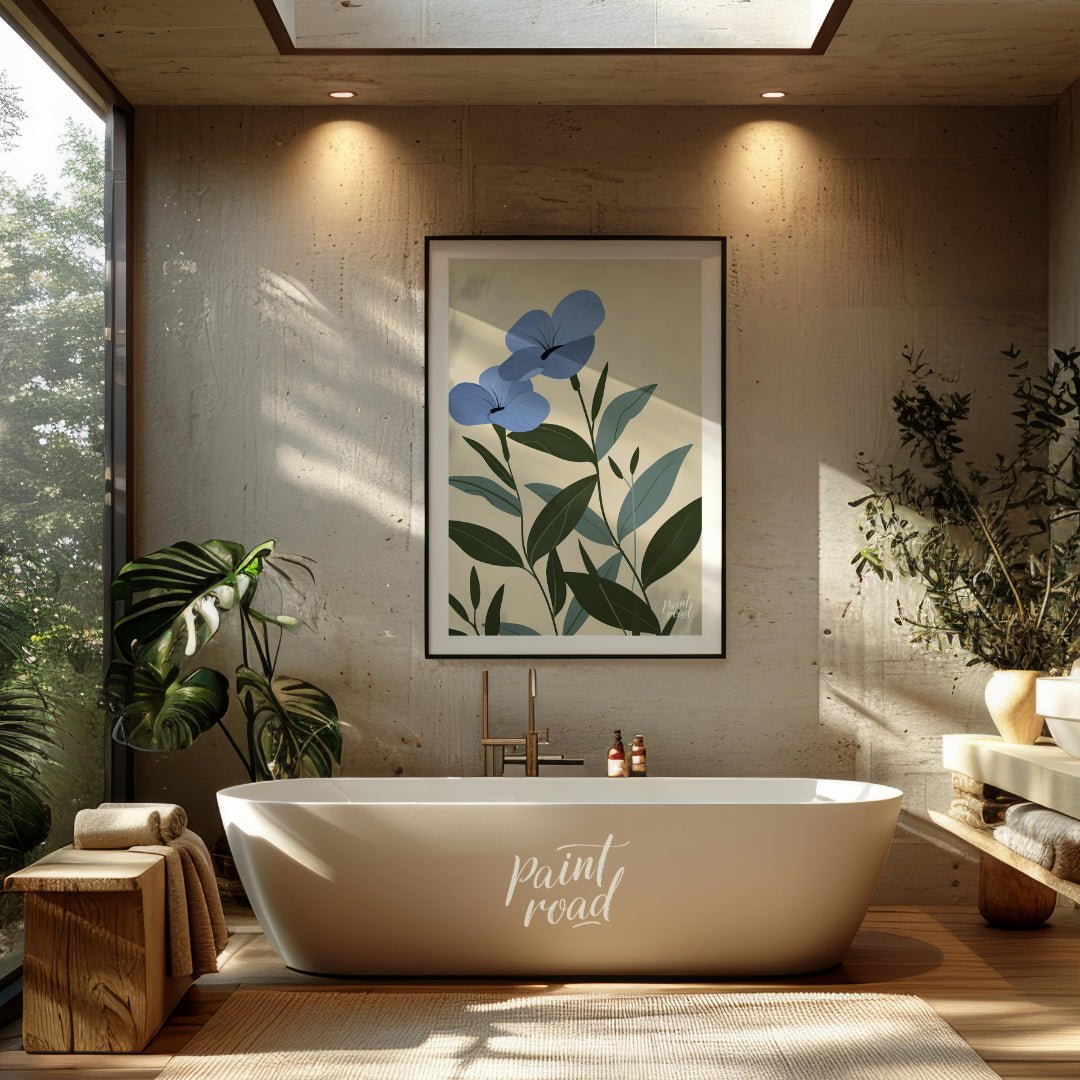 This elegant digital illustration features two blue flowers with delicate petals and subtle black a… for bathroom