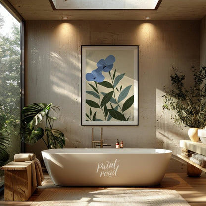 This elegant digital illustration features two blue flowers with delicate petals and subtle black a… for bathroom