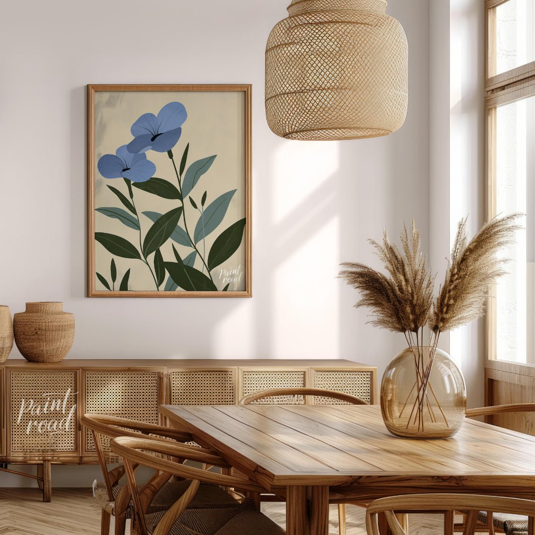 This elegant digital illustration features two blue flowers with delicate petals and subtle black a… for dining room