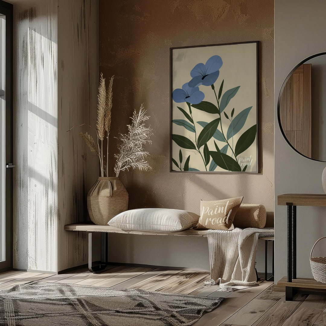 This elegant digital illustration features two blue flowers with delicate petals and subtle black a… for entryway