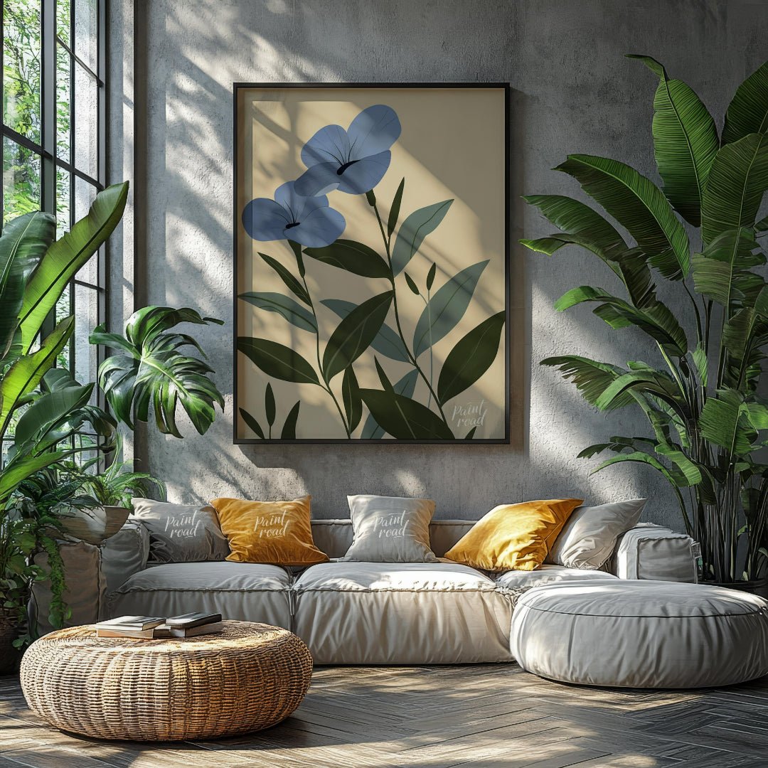 This elegant digital illustration features two blue flowers with delicate petals and subtle black a… for living room