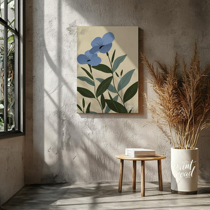 This elegant digital illustration features two blue flowers with delicate petals and subtle black a… for living room