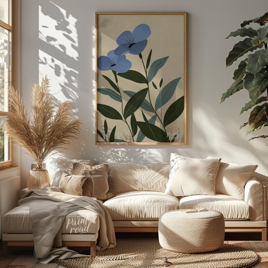 This elegant digital illustration features two blue flowers with delicate petals and subtle black a… for living room