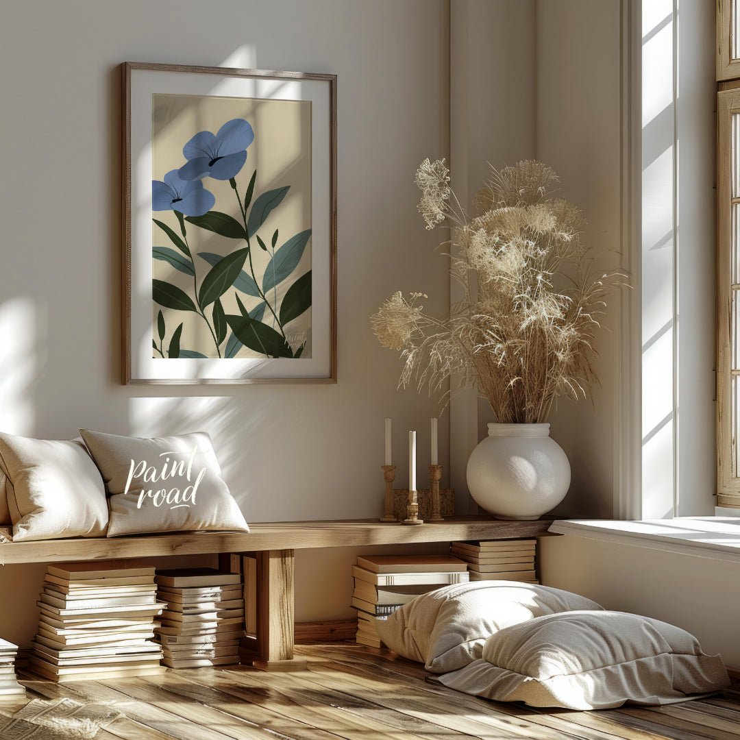 This elegant digital illustration features two blue flowers with delicate petals and subtle black a… for living room
