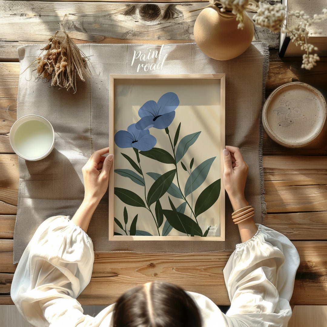 This elegant digital illustration features two blue flowers with delicate petals and subtle black a… for other