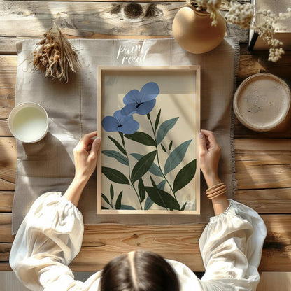 This elegant digital illustration features two blue flowers with delicate petals and subtle black a… for other